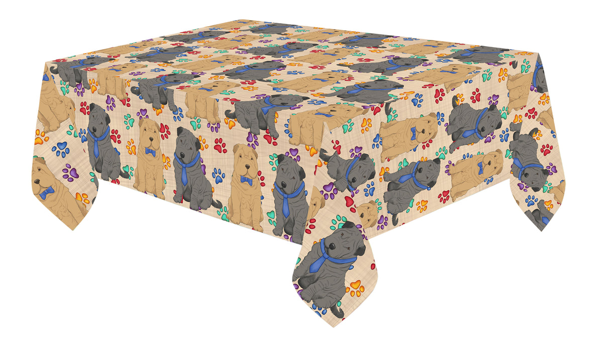Rainbow Paw Print Shar Pei Dogs Blue Cotton Linen Tablecloth