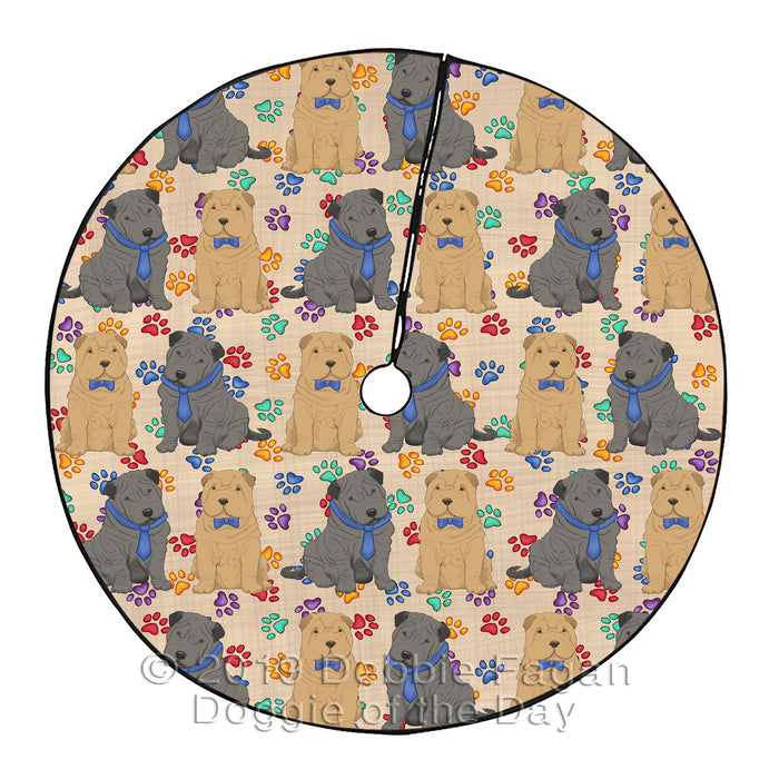 Rainbow Paw Print Shar Pei Dogs Blue Christmas Tree Skirt
