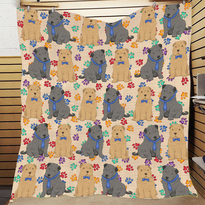 Rainbow Paw Print Shar Pei Dogs Blue Quilt