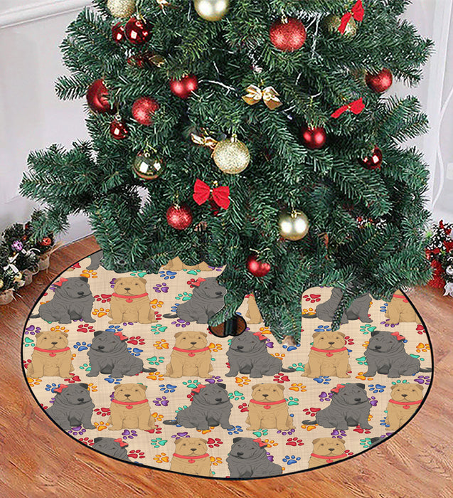 Rainbow Paw Print Shar Pei Dogs Red Christmas Tree Skirt