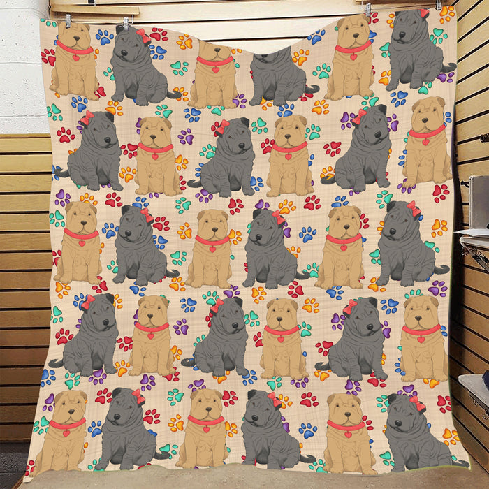 Rainbow Paw Print Shar Pei Dogs Red Quilt