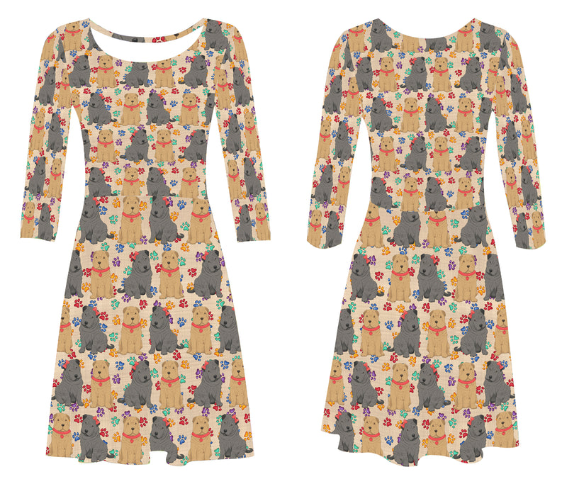 Rainbow Paw Print Shar Pei Dogs Red 3/4 Sleeve Sundress