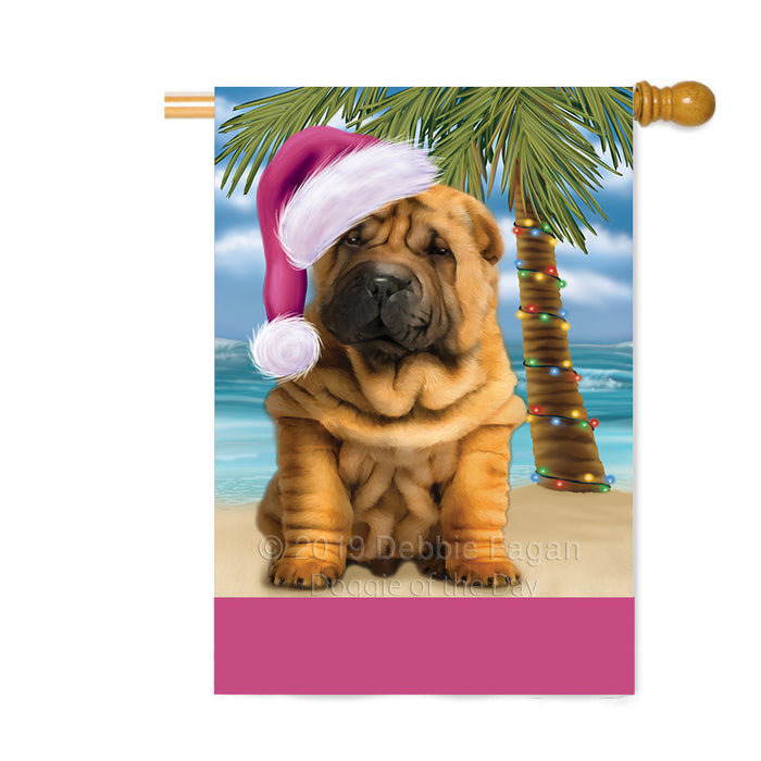 Personalized Summertime Happy Holidays Christmas Shar Pei Dog on Tropical Island Beach Custom House Flag FLG-DOTD-A60591