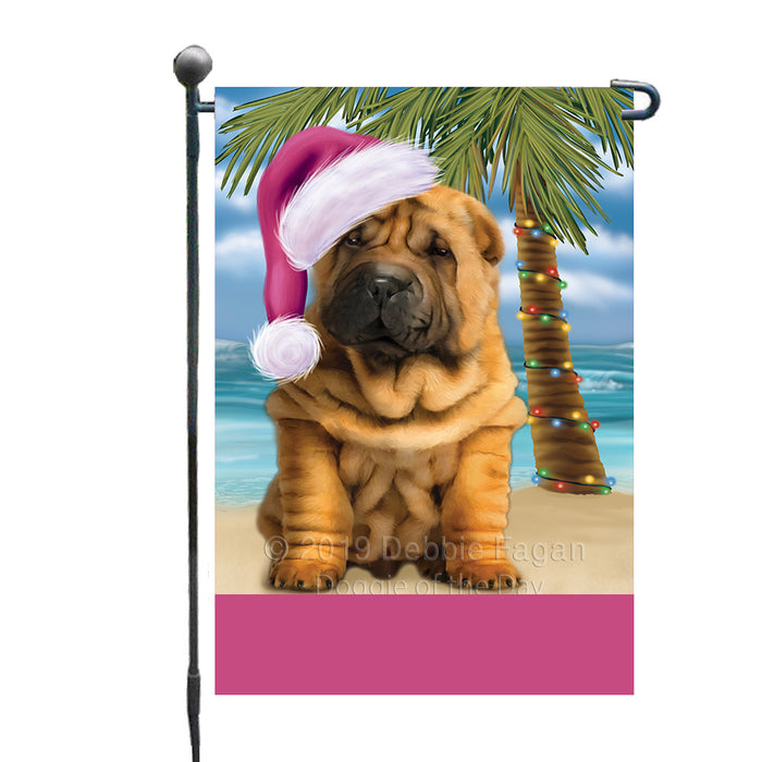 Personalized Summertime Happy Holidays Christmas Shar Pei Dog on Tropical Island Beach  Custom Garden Flags GFLG-DOTD-A60535