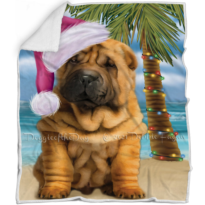 Summertime Happy Holidays Christmas Shar Pei Puppy Dog on Tropical Island Beach Blanket D138