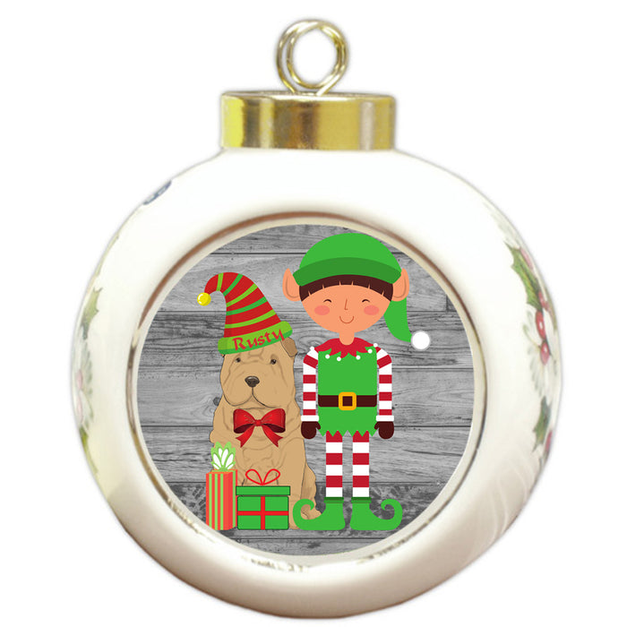 Custom Personalized Shar Pei Dog Elfie and Presents Christmas Round Ball Ornament