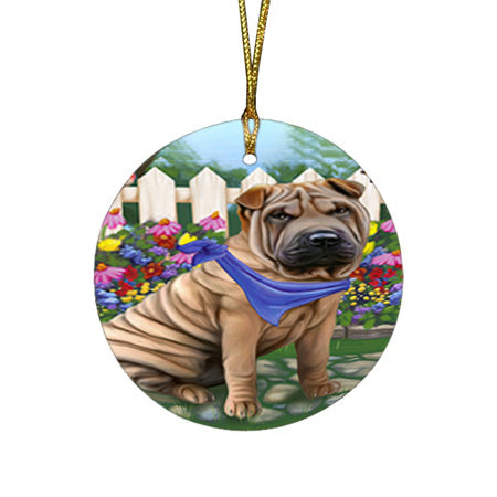 Spring Floral Shar Pei Dog Round Flat Christmas Ornament RFPOR52146