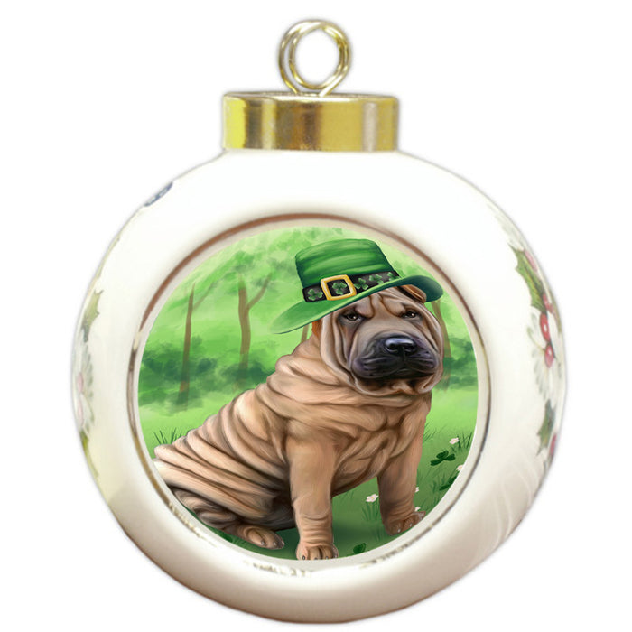 St. Patricks Day Irish Portrait Shar Pei Dog Round Ball Christmas Ornament RBPOR49387