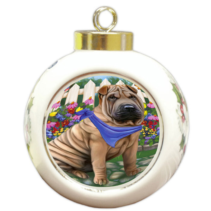 Spring Floral Shar Pei Dog Round Ball Christmas Ornament RBPOR52155