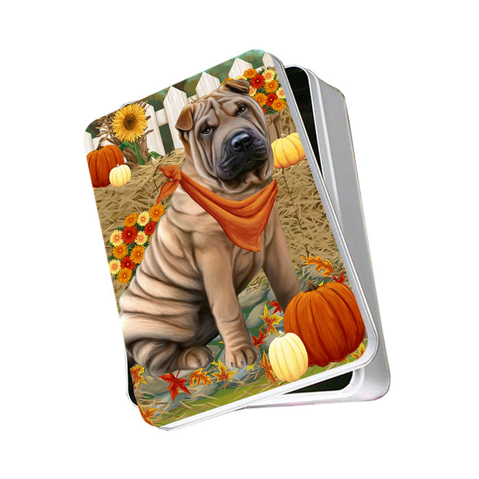 Fall Autumn Greeting Shar Pei Dog with Pumpkins Photo Storage Tin PITN50856