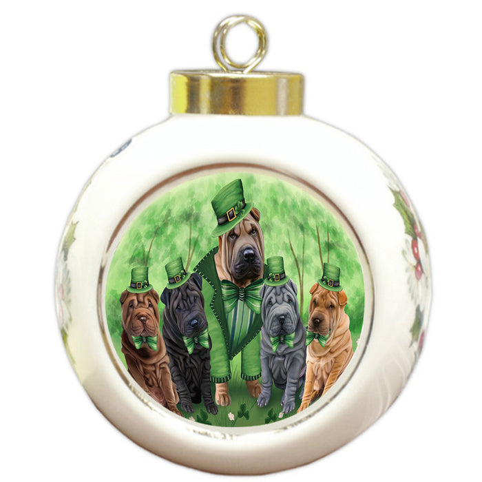 St. Patricks Day Irish Family Portrait Shar Peis Dog Round Ball Christmas Ornament RBPOR49388