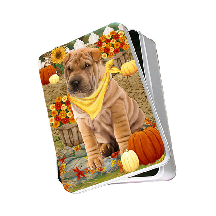 Fall Autumn Greeting Shar Pei Dog with Pumpkins Photo Storage Tin PITN50857