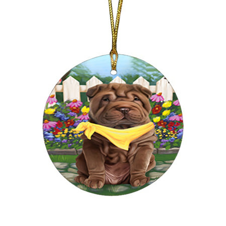 Spring Floral Shar Pei Dog Round Flat Christmas Ornament RFPOR52147