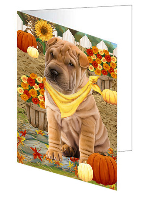 Fall Autumn Greeting Shar Pei Dog with Pumpkins Handmade Artwork Assorted Pets Greeting Cards and Note Cards with Envelopes for All Occasions and Holiday Seasons GCD56600