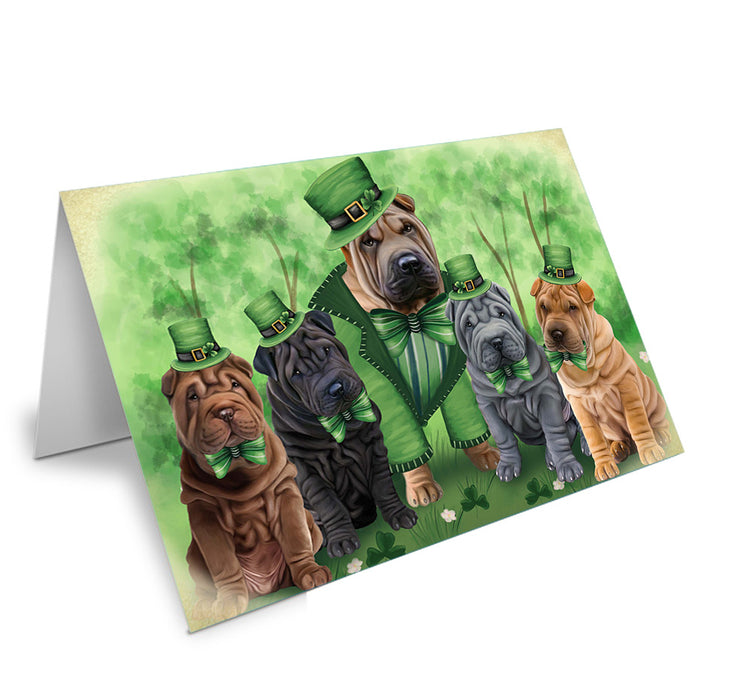 St. Patricks Day Irish Family Portrait Shar Peis Dog Handmade Artwork Assorted Pets Greeting Cards and Note Cards with Envelopes for All Occasions and Holiday Seasons GCD52193