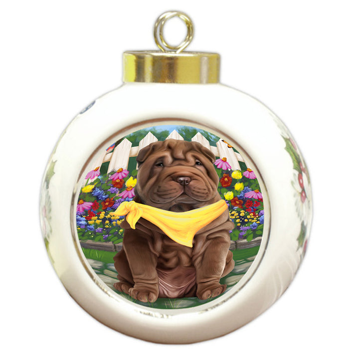 Spring Floral Shar Pei Dog Round Ball Christmas Ornament RBPOR52156