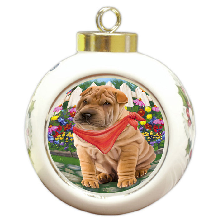 Spring Floral Shar Pei Dog Round Ball Christmas Ornament RBPOR52157