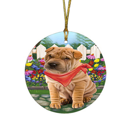 Spring Floral Shar Pei Dog Round Flat Christmas Ornament RFPOR52148