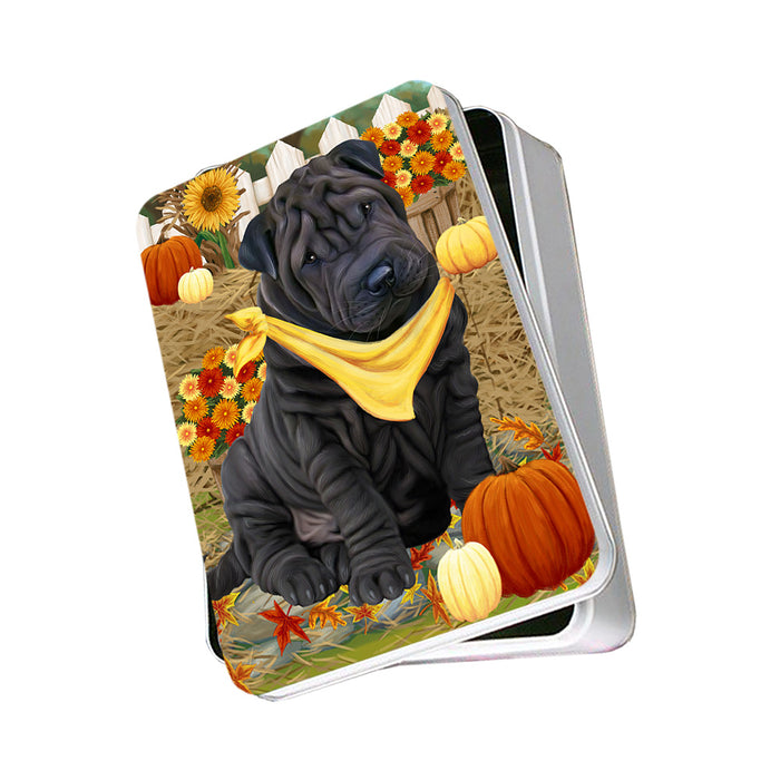 Fall Autumn Greeting Shar Pei Dog with Pumpkins Photo Storage Tin PITN50858