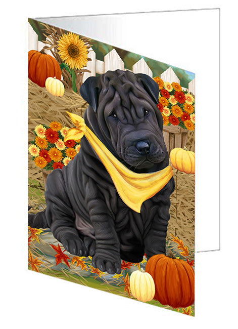 Fall Autumn Greeting Shar Pei Dog with Pumpkins Handmade Artwork Assorted Pets Greeting Cards and Note Cards with Envelopes for All Occasions and Holiday Seasons GCD56603