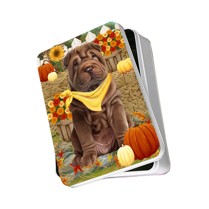 Fall Autumn Greeting Shar Pei Dog with Pumpkins Photo Storage Tin PITN50859