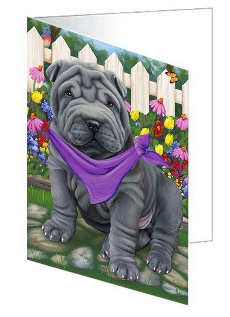 Spring Floral Shar Pei Dog Handmade Artwork Assorted Pets Greeting Cards and Note Cards with Envelopes for All Occasions and Holiday Seasons GCD60503