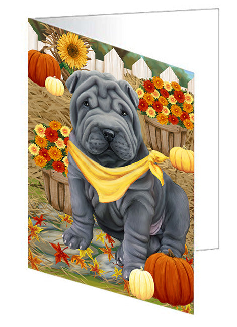 Fall Autumn Greeting Shar Pei Dog with Pumpkins Handmade Artwork Assorted Pets Greeting Cards and Note Cards with Envelopes for All Occasions and Holiday Seasons GCD56609