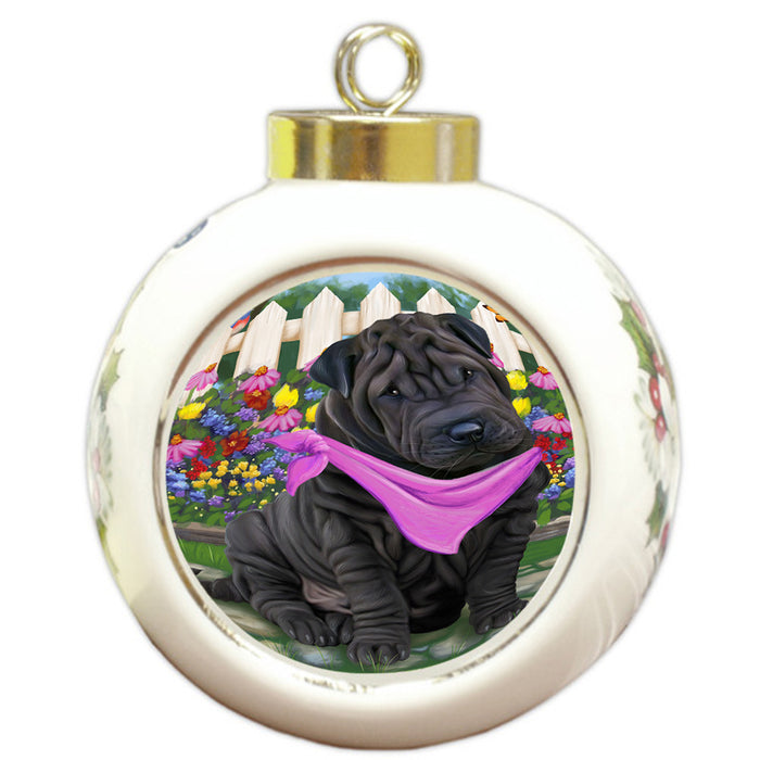 Spring Floral Shar Pei Dog Round Ball Christmas Ornament RBPOR52159