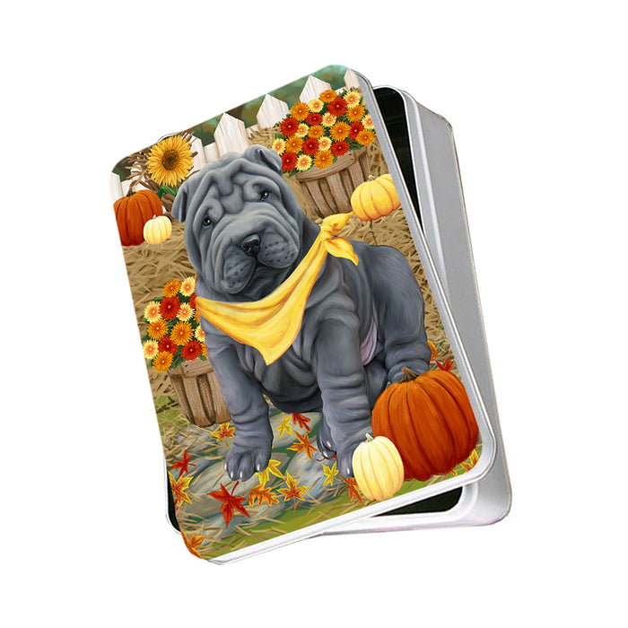 Fall Autumn Greeting Shar Pei Dog with Pumpkins Photo Storage Tin PITN50860