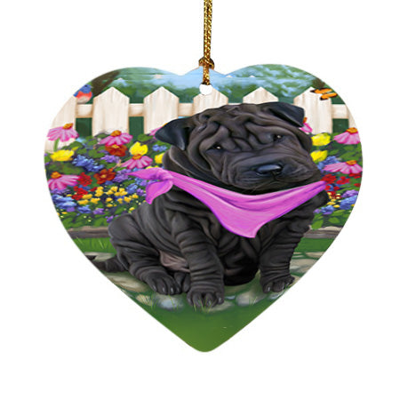 Spring Floral Shar Pei Dog Heart Christmas Ornament HPOR52159