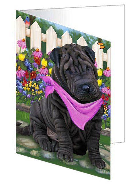 Spring Floral Shar Pei Dog Handmade Artwork Assorted Pets Greeting Cards and Note Cards with Envelopes for All Occasions and Holiday Seasons GCD60506