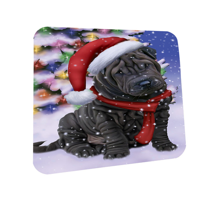 Winterland Wonderland Shar Pei Dog In Christmas Holiday Scenic Background  Coasters Set of 4 CST53374