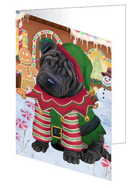 Christmas Gingerbread House Candyfest Shar Pei Dog Handmade Artwork Assorted Pets Greeting Cards and Note Cards with Envelopes for All Occasions and Holiday Seasons GCD74135