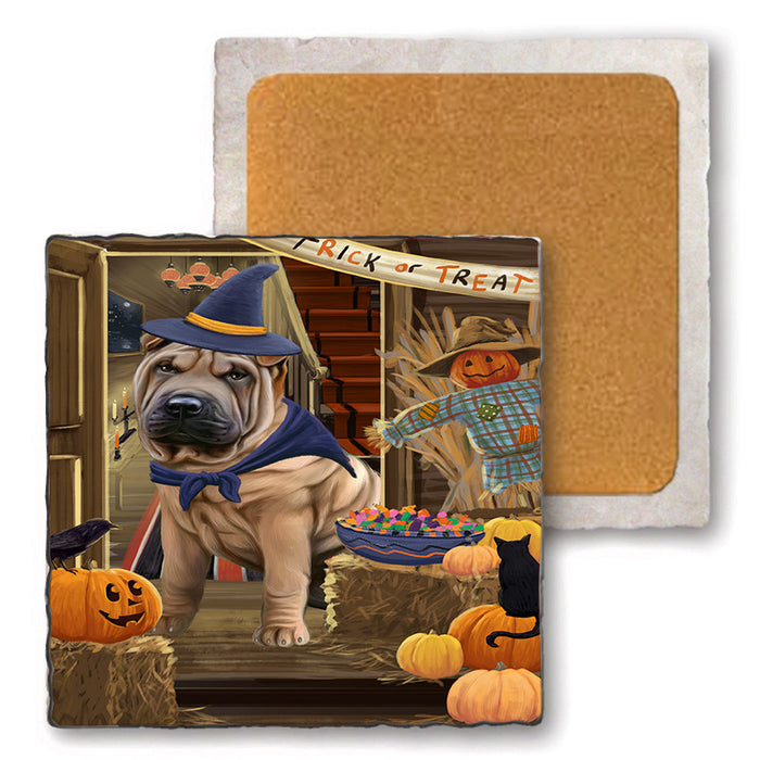 Enter at Own Risk Trick or Treat Halloween Shar Pei Dog Set of 4 Natural Stone Marble Tile Coasters MCST48274