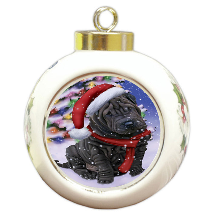 Winterland Wonderland Shar Pei Dog In Christmas Holiday Scenic Background  Round Ball Christmas Ornament RBPOR53416