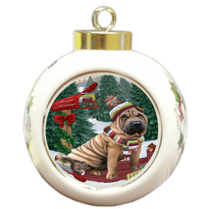Merry Christmas Woodland Sled Shar Pei Dog Round Ball Christmas Ornament RBPOR55382