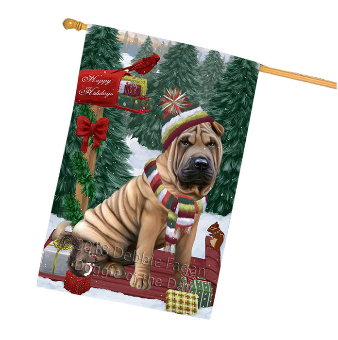 Merry Christmas Woodland Sled Shar Pei Dog House Flag FLG55455