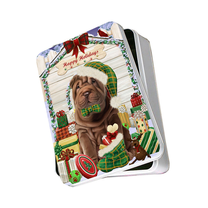 Happy Holidays Christmas Shar Pei Dog House With Presents Photo Storage Tin PITN51496