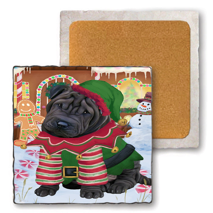 Christmas Gingerbread House Candyfest Shar Pei Dog Set of 4 Natural Stone Marble Tile Coasters MCST51540