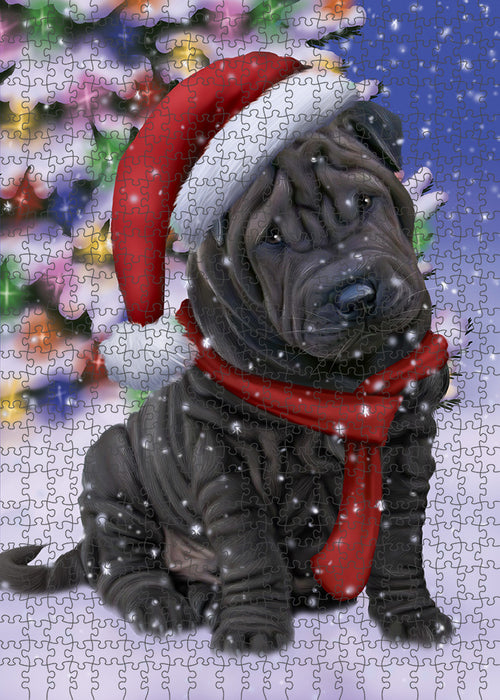 Winterland Wonderland Shar Pei Dog In Christmas Holiday Scenic Background Puzzle with Photo Tin PUZL80820