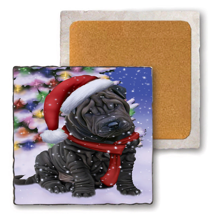 Winterland Wonderland Shar Pei Dog In Christmas Holiday Scenic Background  Set of 4 Natural Stone Marble Tile Coasters MCST48416