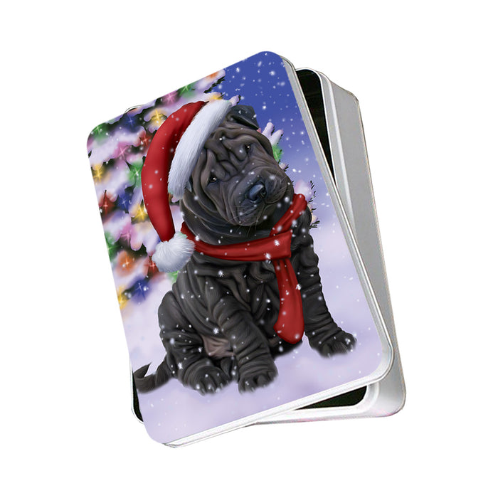 Winterland Wonderland Shar Pei Dog In Christmas Holiday Scenic Background Photo Storage Tin PITN53416