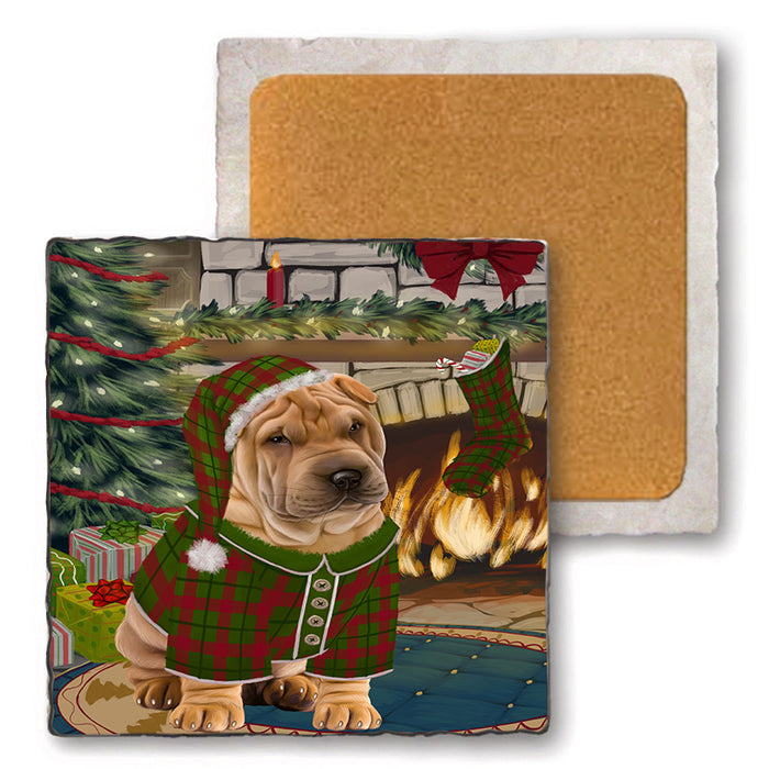 The Stocking was Hung Shar Pei Dog Set of 4 Natural Stone Marble Tile Coasters MCST50606
