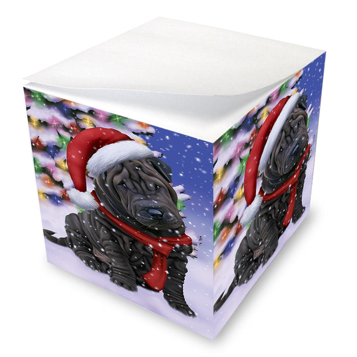 Winterland Wonderland Shar Pei Dog In Christmas Holiday Scenic Background Note Cube NOC53416