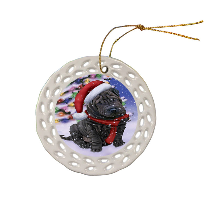 Winterland Wonderland Shar Pei Dog In Christmas Holiday Scenic Background  Ceramic Doily Ornament DPOR53416
