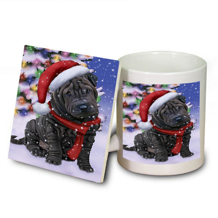 Winterland Wonderland Shar Pei Dog In Christmas Holiday Scenic Background  Mug and Coaster Set MUC53408
