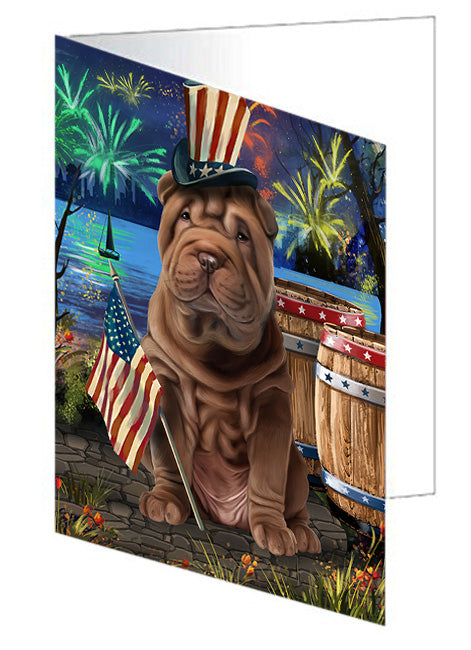 4th of July Independence Day Fireworks Shar Pei Dog at the Lake Handmade Artwork Assorted Pets Greeting Cards and Note Cards with Envelopes for All Occasions and Holiday Seasons GCD57698