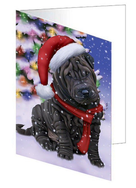 Winterland Wonderland Shar Pei Dog In Christmas Holiday Scenic Background  Handmade Artwork Assorted Pets Greeting Cards and Note Cards with Envelopes for All Occasions and Holiday Seasons GCD64277