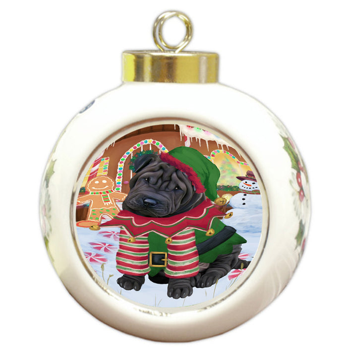 Christmas Gingerbread House Candyfest Shar Pei Dog Round Ball Christmas Ornament RBPOR56896