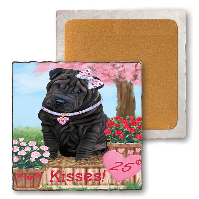 Rosie 25 Cent Kisses Shar Pei Dog Set of 4 Natural Stone Marble Tile Coasters MCST51024